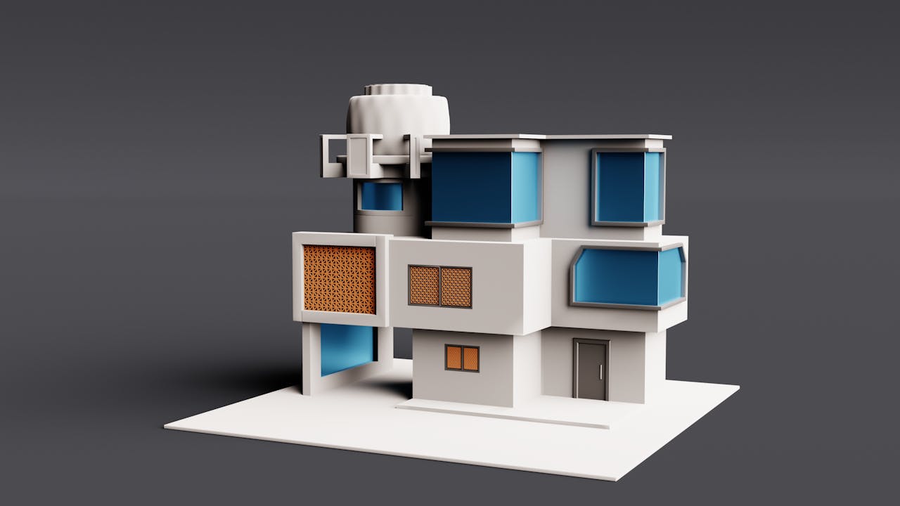3D rendering of a modern building model with blue window accents and geometric design.